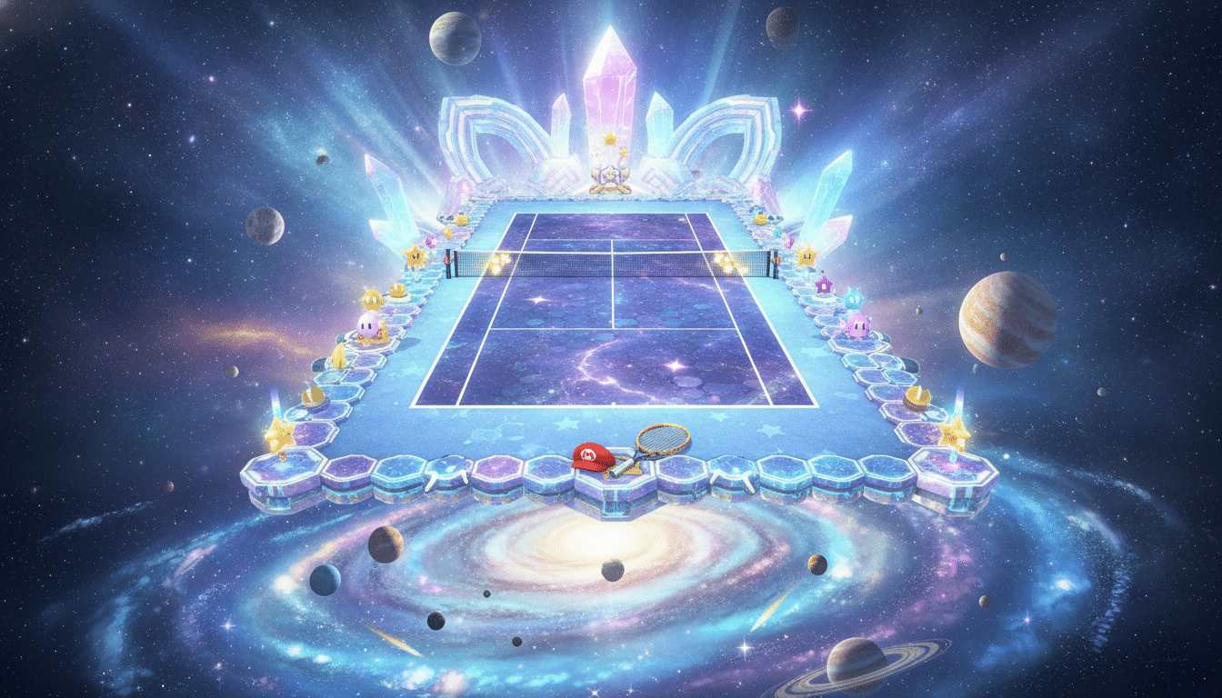 découvrez la fraîcheur de mario tennis fever avec un tout nouveau terrain inspiré de l'univers captivant de super mario galaxy, pour des matchs encore plus passionnants et colorés.