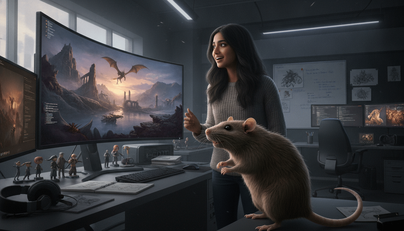 plongez dans l'univers de the elder scrolls vi avec asha sharma chez bethesda et découvrez sa rencontre inattendue avec scabby, le rat géant emblématique.